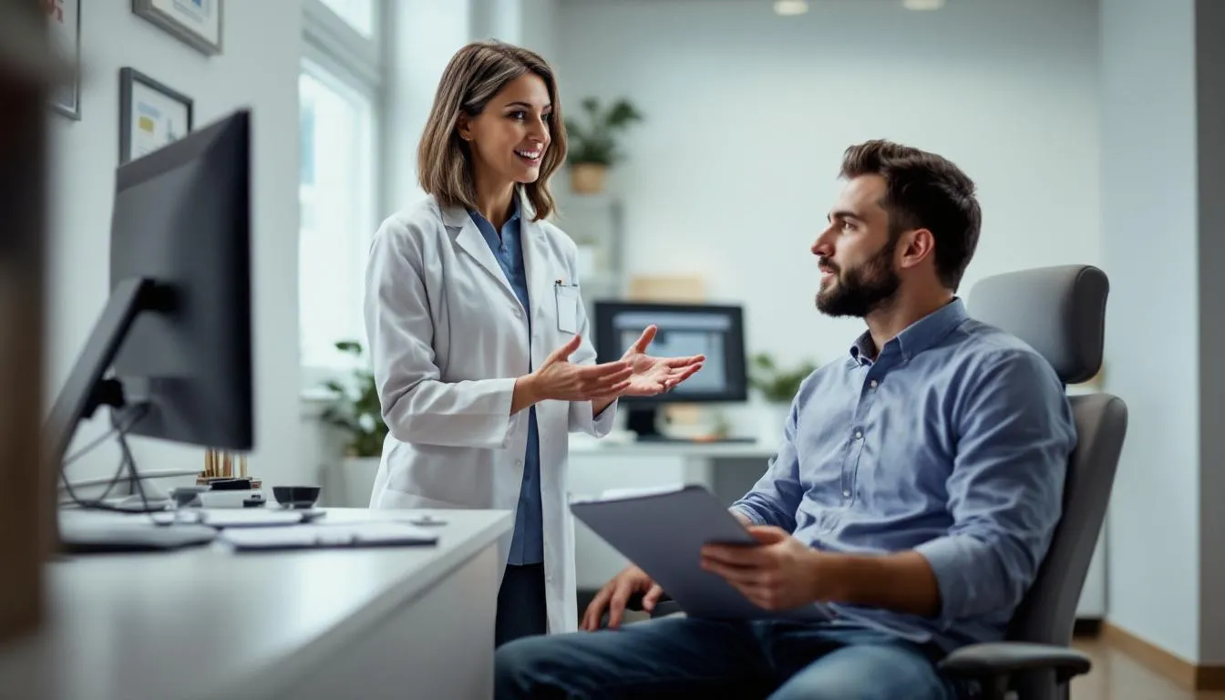 A healthcare professional is discussing various oral appliance options with a patient in a medical office, focusing on treatments for sleep apnea, including mandibular advancement devices and other oral appliances for managing obstructive sleep apnea symptoms. The conversation emphasizes how these appliances can help improve sleep quality and reduce daytime sleepiness.