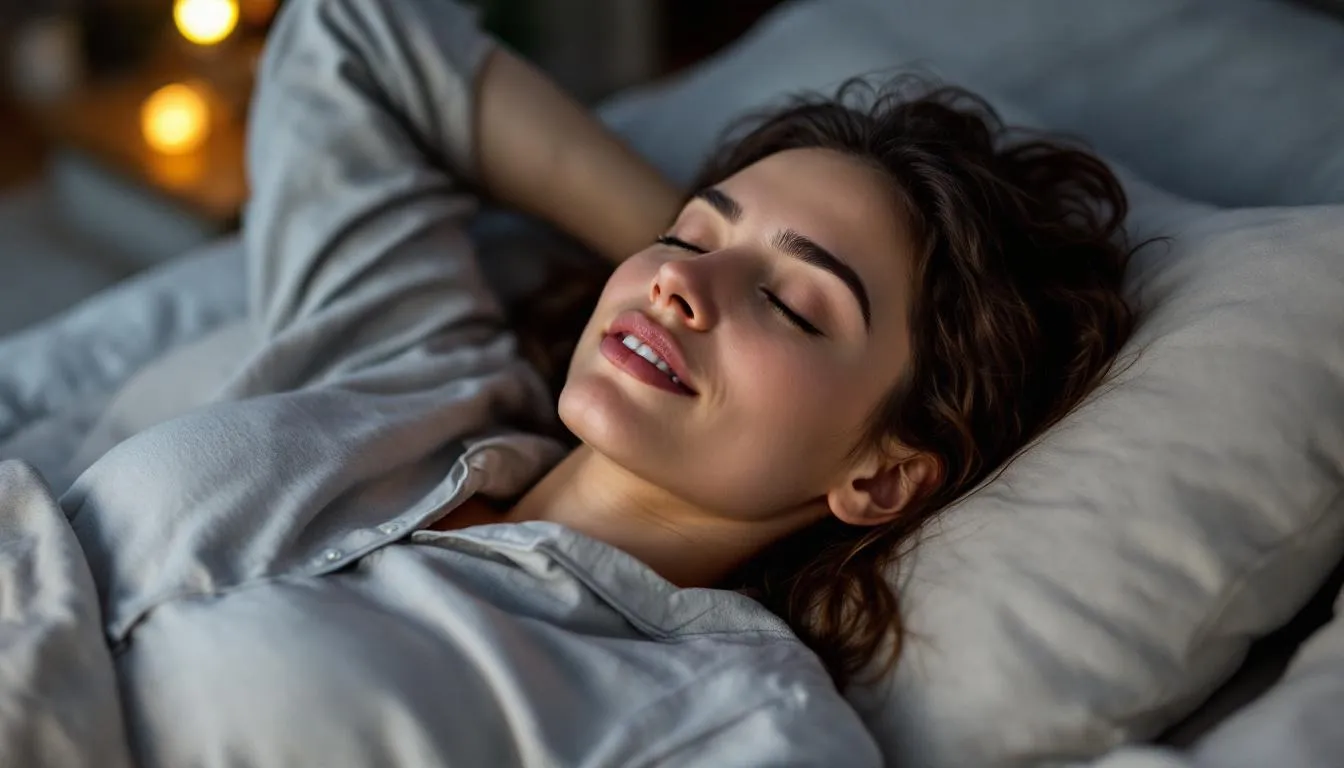 A person is sleeping soundly while wearing a custom oral appliance designed to treat obstructive sleep apnea. This oral device helps to position the lower jaw forward, promoting better airflow and improving sleep quality.