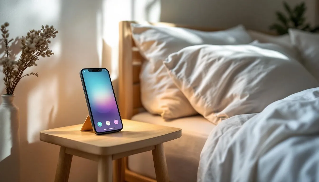 A serene bedroom setup features soft lighting and plush pillows, creating a calming environment ideal for restful sleep. On the nightstand, a smartphone displays a sleep meditation app, inviting users to engage in guided sleep meditations to help them fall asleep faster and improve sleep quality.